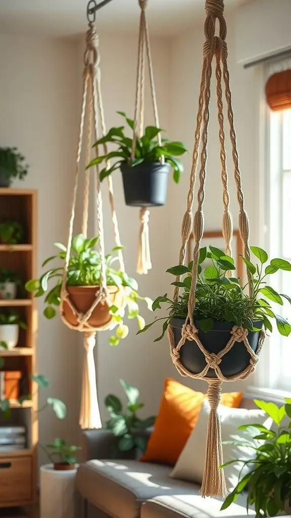 Cozy room with hanging macrame planters displaying vibrant greenery.