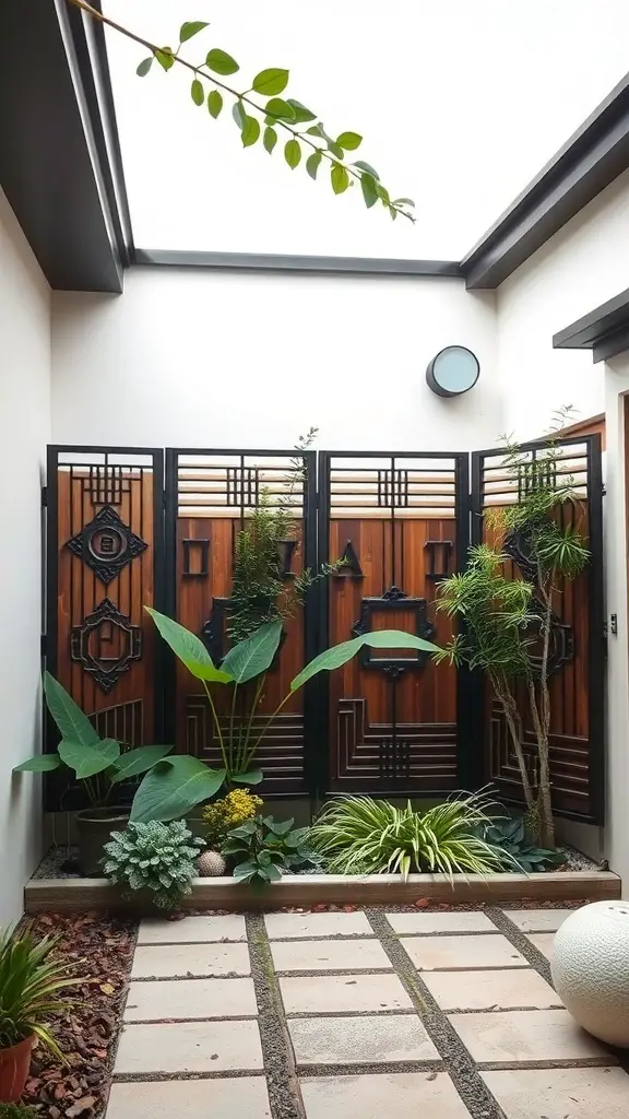 A small courtyard garden featuring a decorative privacy screen made of wood and metal, surrounded by various plants.