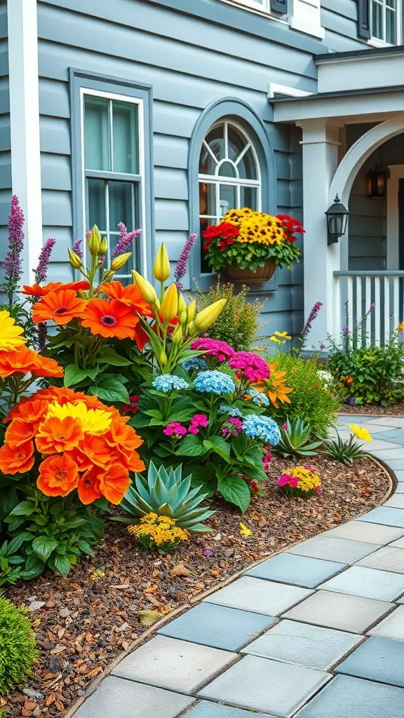 A colorful front garden with vibrant flowers and a gray house.