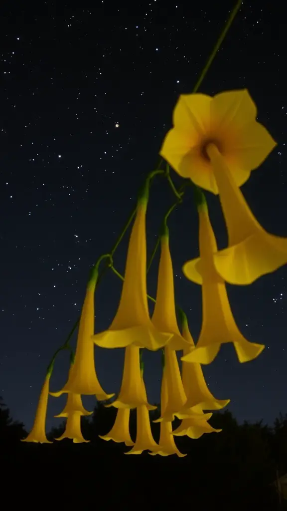 Close-up of yellow Angel's Trumpet flowers against a starry night sky.