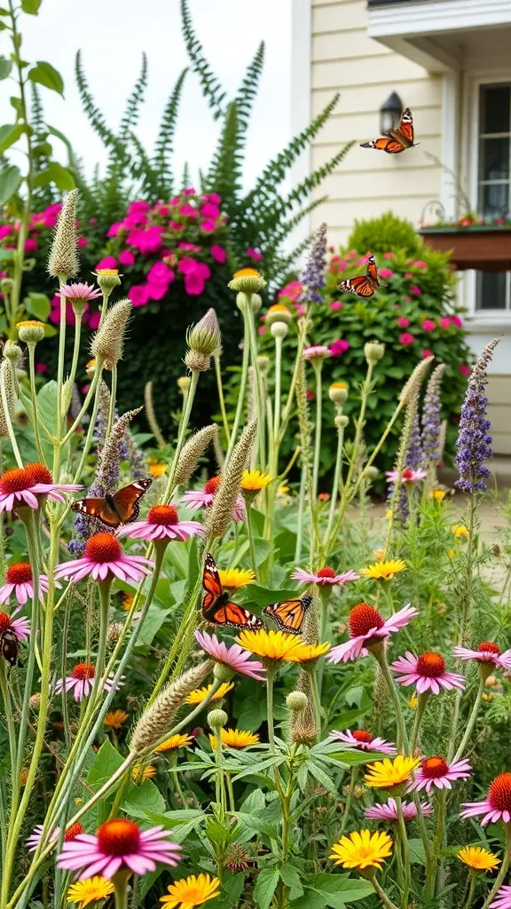 A colorful garden with flowers and butterflies, showcasing a wildlife-friendly design.