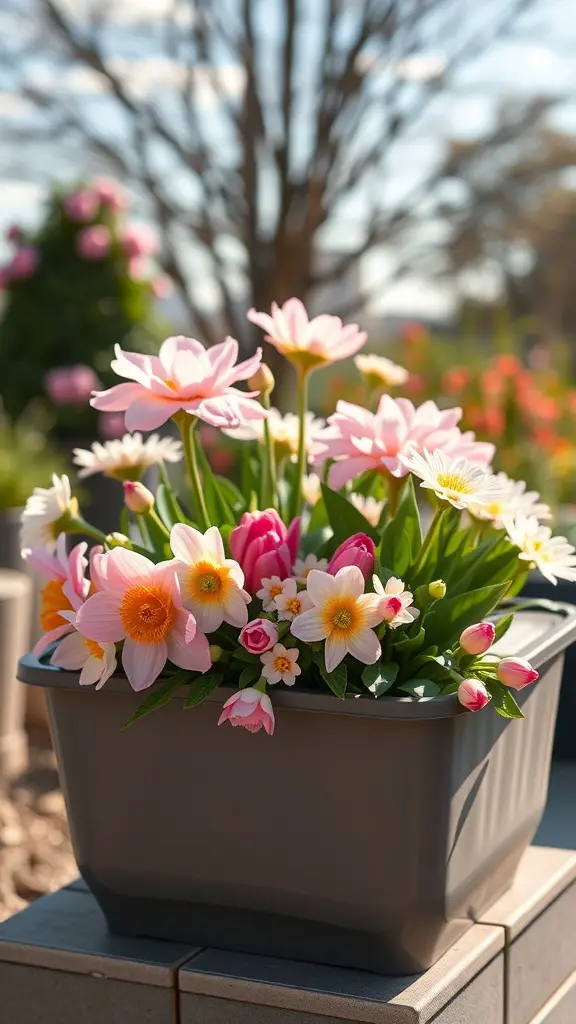 A flower box filled with colorful spring flowers including tulips and daisies.
