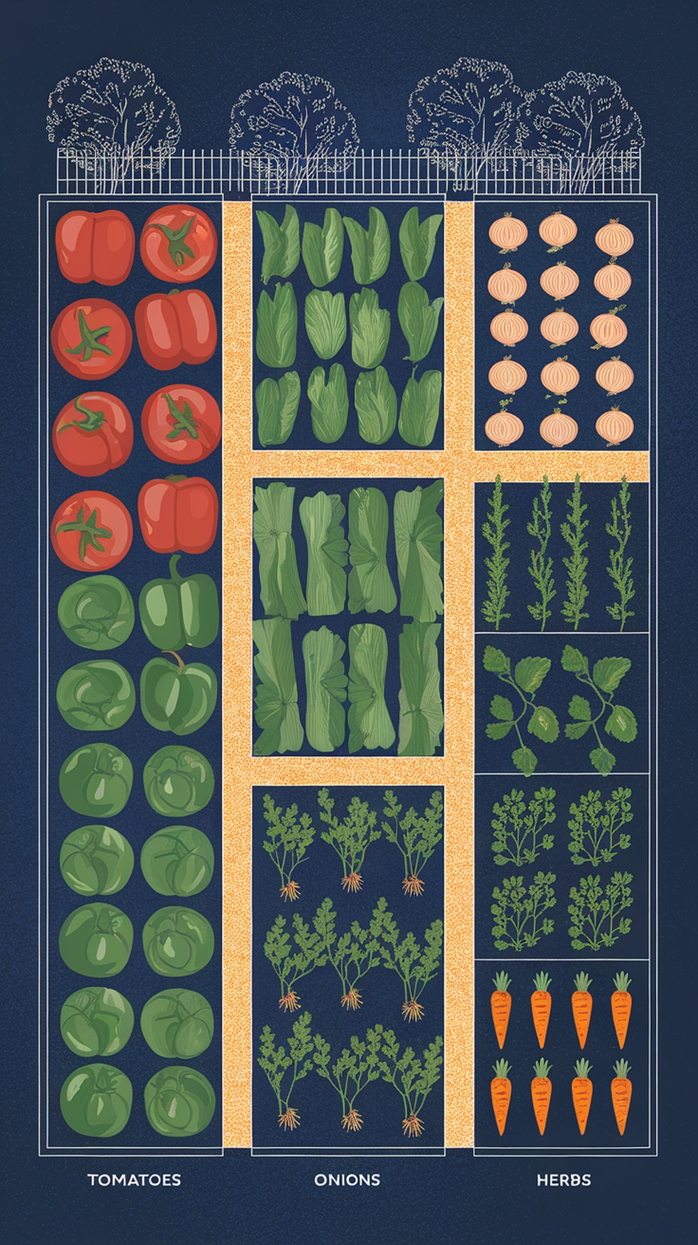 A well-organized vegetable garden layout with various plants and clear sections.