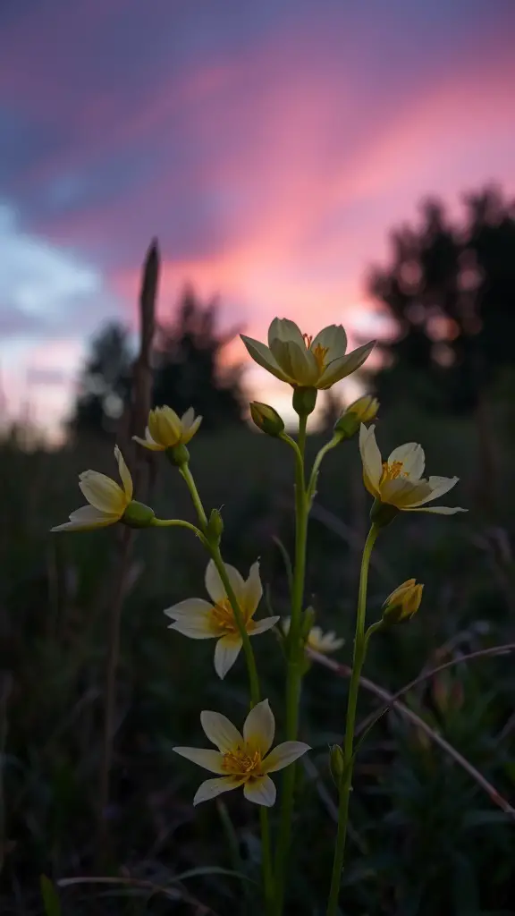 A cluster of evening primrose flowers with yellow petals against a colorful sunset sky.