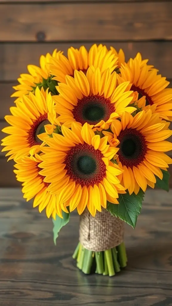 A charming bouquet of sunflowers wrapped in burlap against a wooden background.