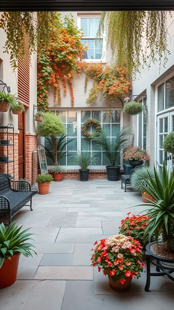 A cozy courtyard with potted plants and seating, showcasing seasonal flowers and greenery.