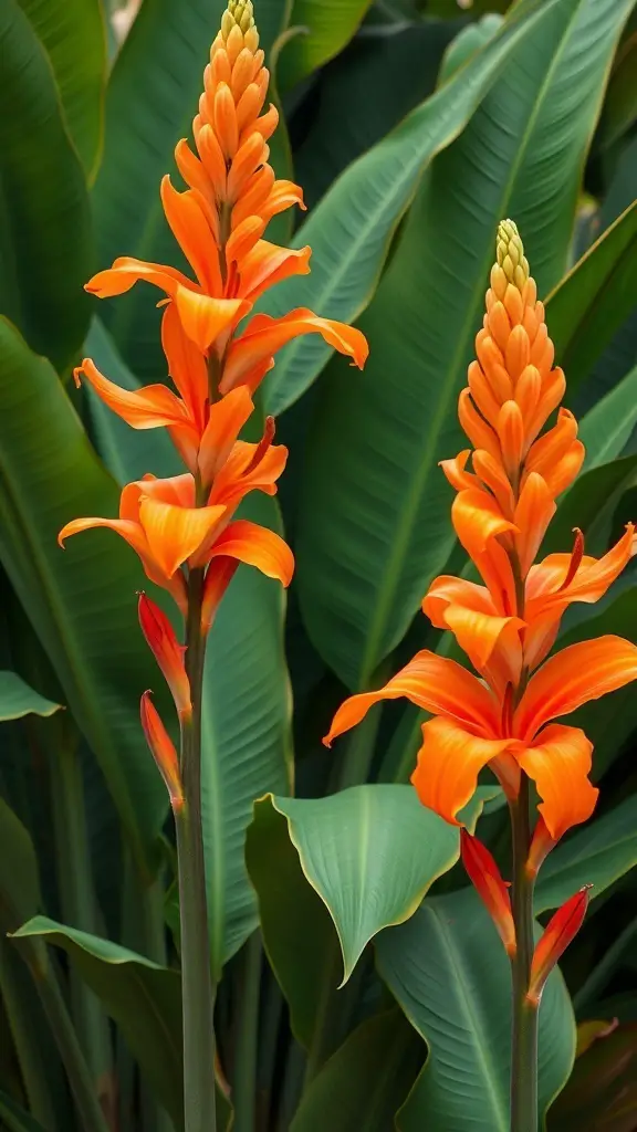 Bright orange canna lilies with lush green leaves