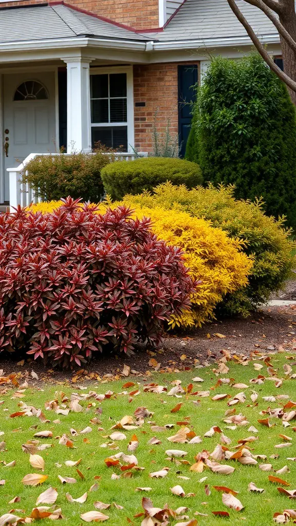 Colorful bushes in front of a house with fallen leaves