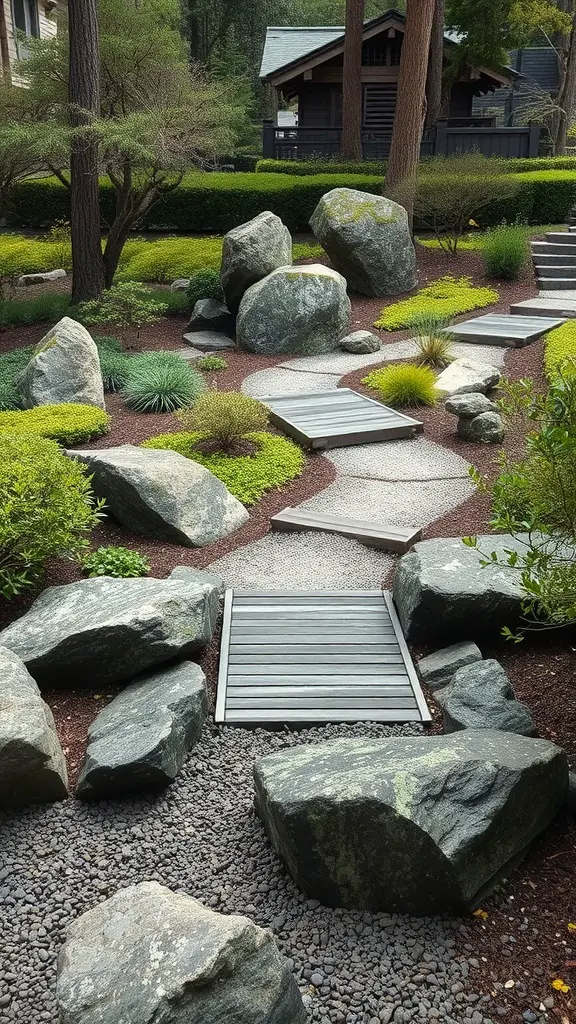 A Japanese garden featuring rocks, greenery, and wooden pathways.