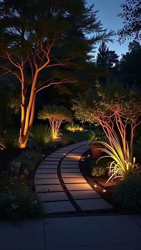 A beautifully lit garden pathway with trees and plants illuminated softly at night.