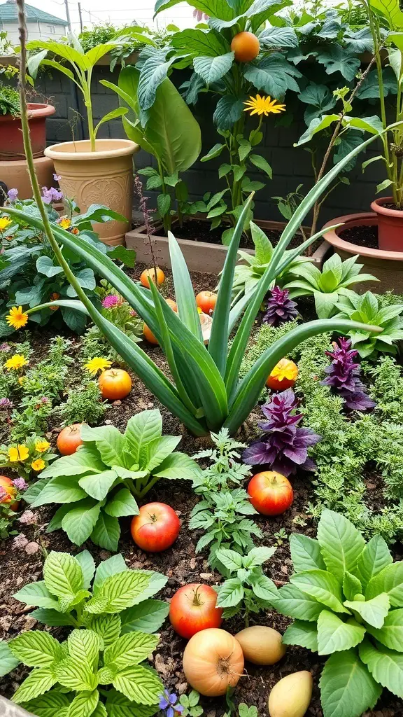 A small garden with various edible plants, including apples, tomatoes, and herbs, surrounded by colorful flowers.
