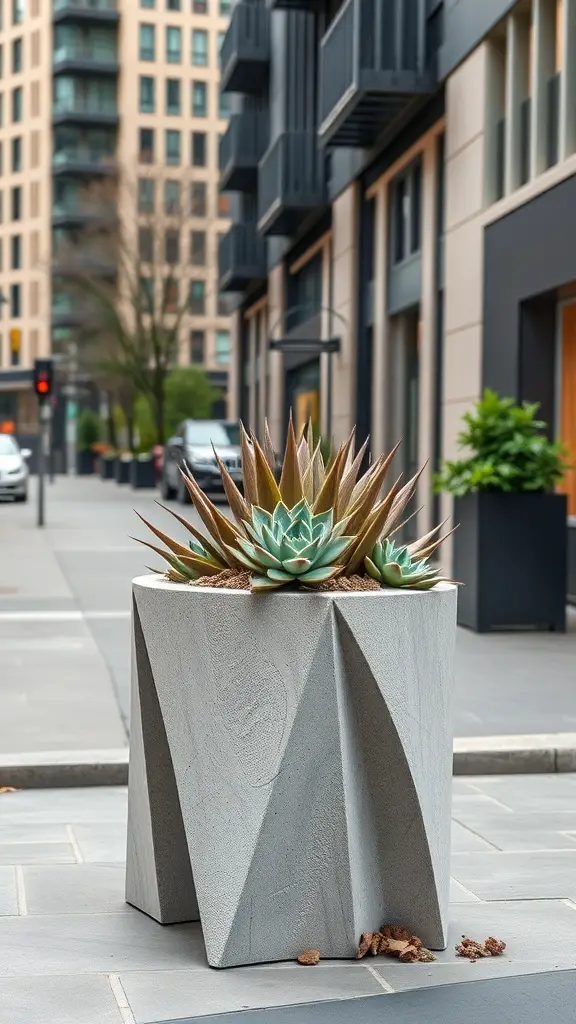 A geometric concrete plant holder with succulents, set against a modern urban backdrop.
