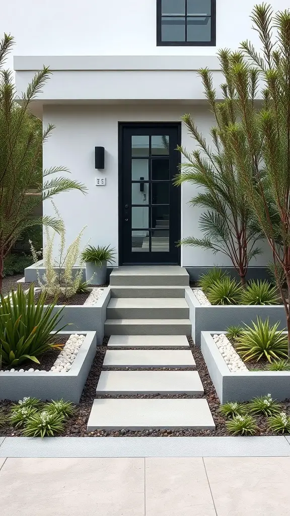 A modern minimalist front garden with a stone pathway leading to a black door, surrounded by neatly arranged planters and greenery.