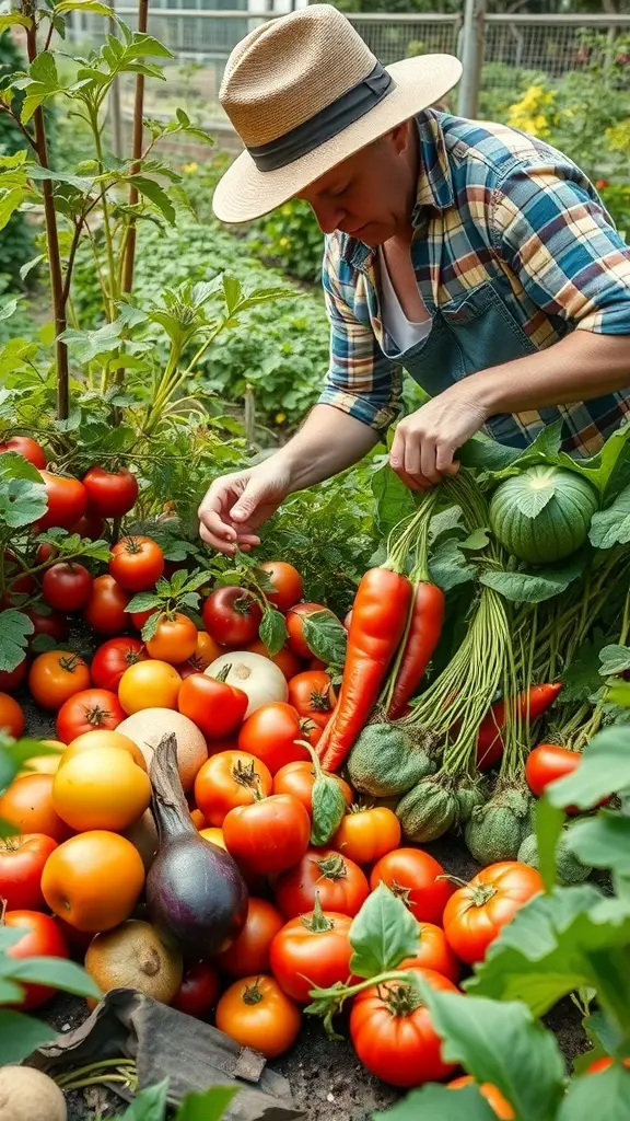 A gardener harvesting ripe vegetables, including tomatoes and peppers, in a lush vegetable garden.