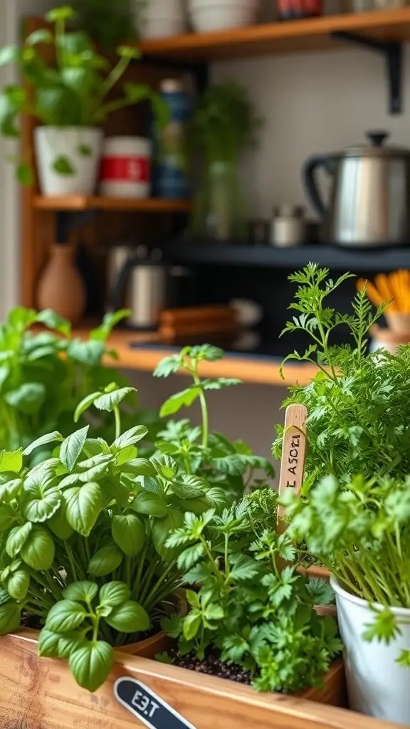 A cozy indoor herb garden featuring basil, parsley, and cilantro in pots.