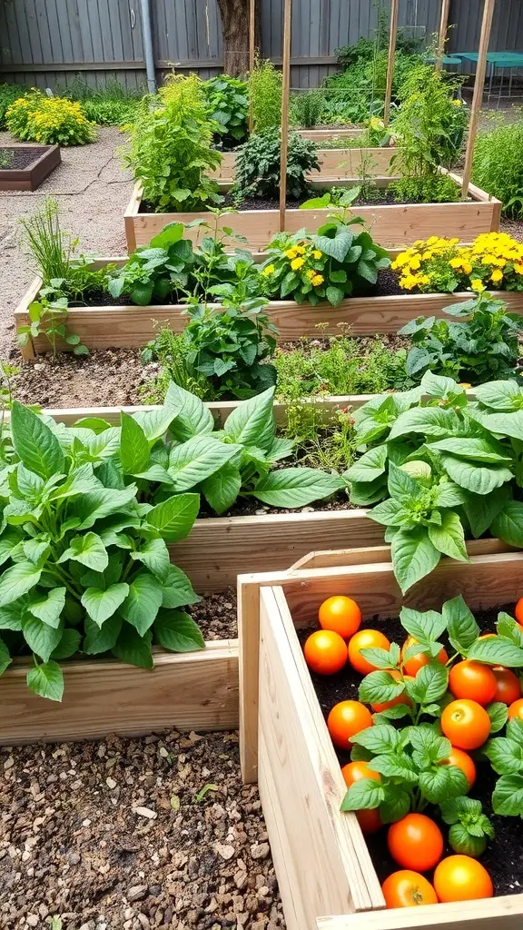 A vibrant home garden with raised beds filled with vegetables and flowers.