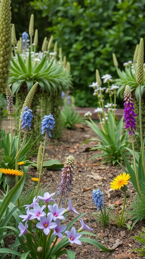A garden featuring various native flowers in vibrant colors.