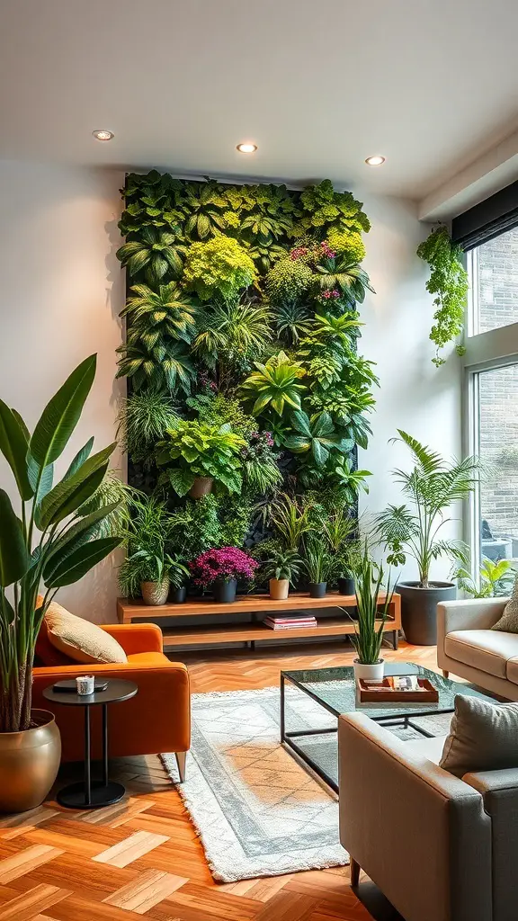 A cozy living room featuring a vertical garden with various plants, complemented by comfortable seating and warm decor.