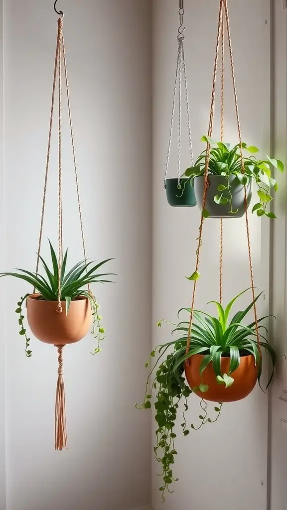 Three hanging planters with plants in a bright room