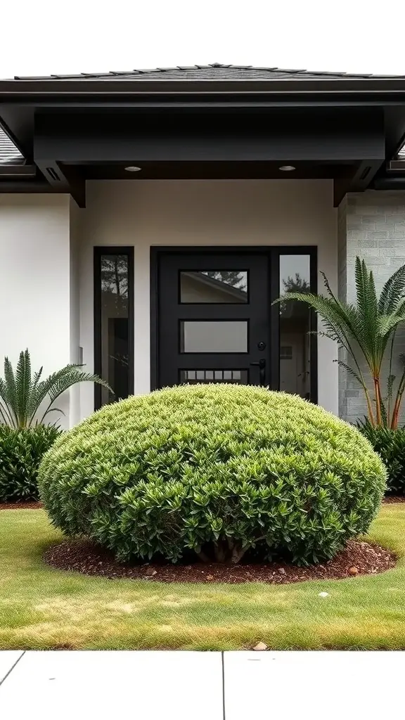 A rounded bush in front of a modern house with a black door.