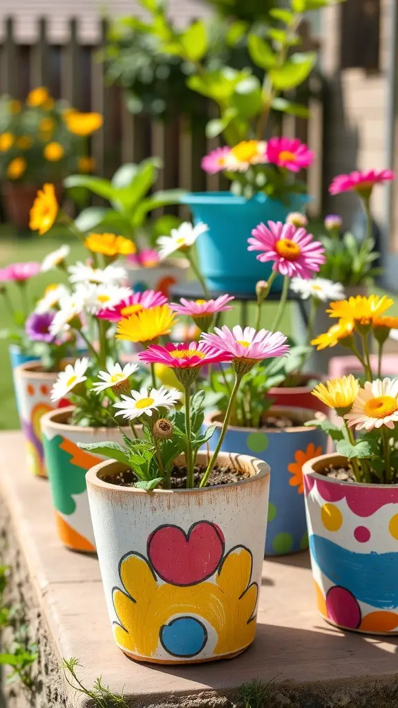 Colorful painted flower pots with flowers in a garden setting