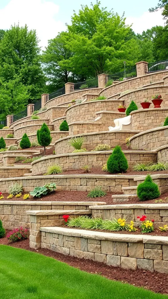 A sloped yard featuring natural stone retaining walls, steps, and well-maintained landscaping.