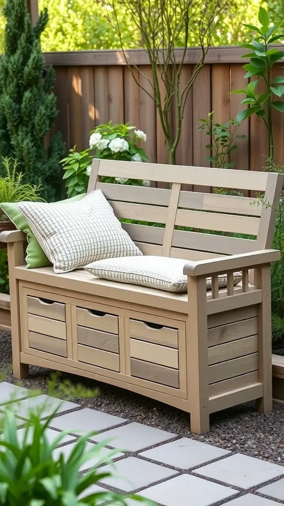 A wooden outdoor bench with storage drawers and a soft cushion, surrounded by greenery.