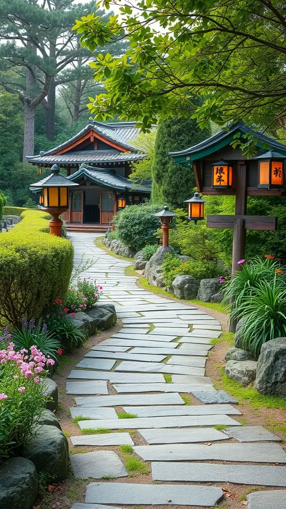 A winding stone pathway in a Japanese garden surrounded by greenery and flowers, with traditional lanterns along the path.