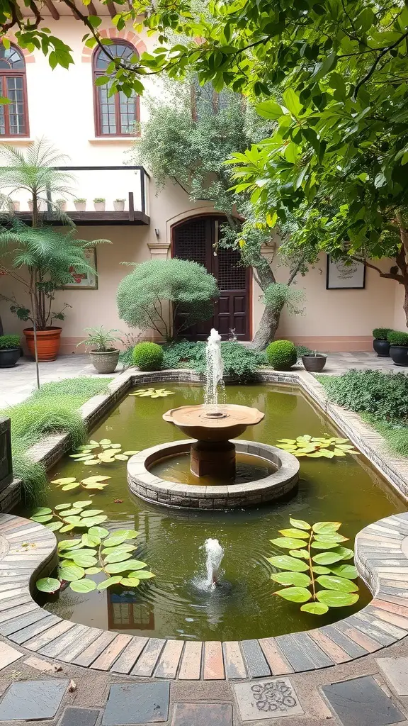 A serene courtyard featuring a central fountain surrounded by greenery and water lilies.
