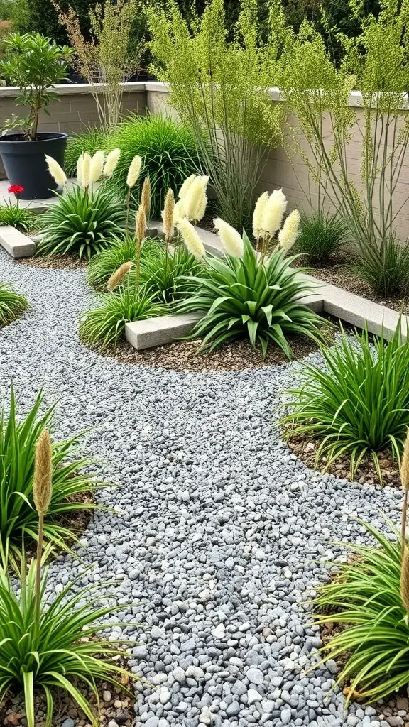 A garden featuring gravel pathways surrounded by lush green plants and decorative grasses.