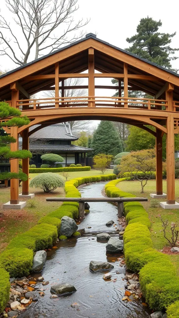 A wooden bridge arching over a stream in a Japanese garden, surrounded by greenery.