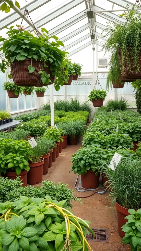 A greenhouse filled with various potted herbs and hanging plants.