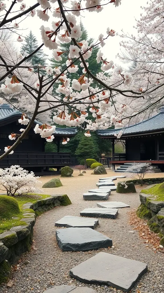 A tranquil Japanese tea garden with a stone path, cherry blossoms, and greenery.