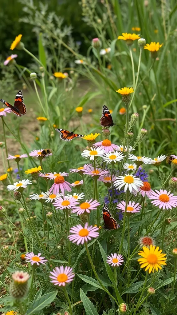 A colorful wildflower patch with butterflies and bees.