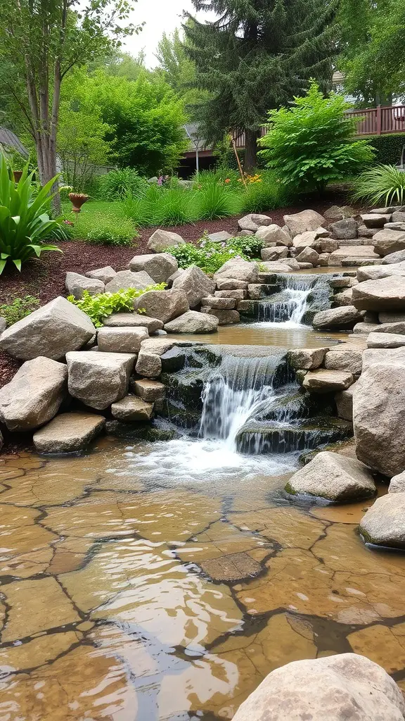 A serene waterfall cascading over rocks in a landscaped yard with greenery.