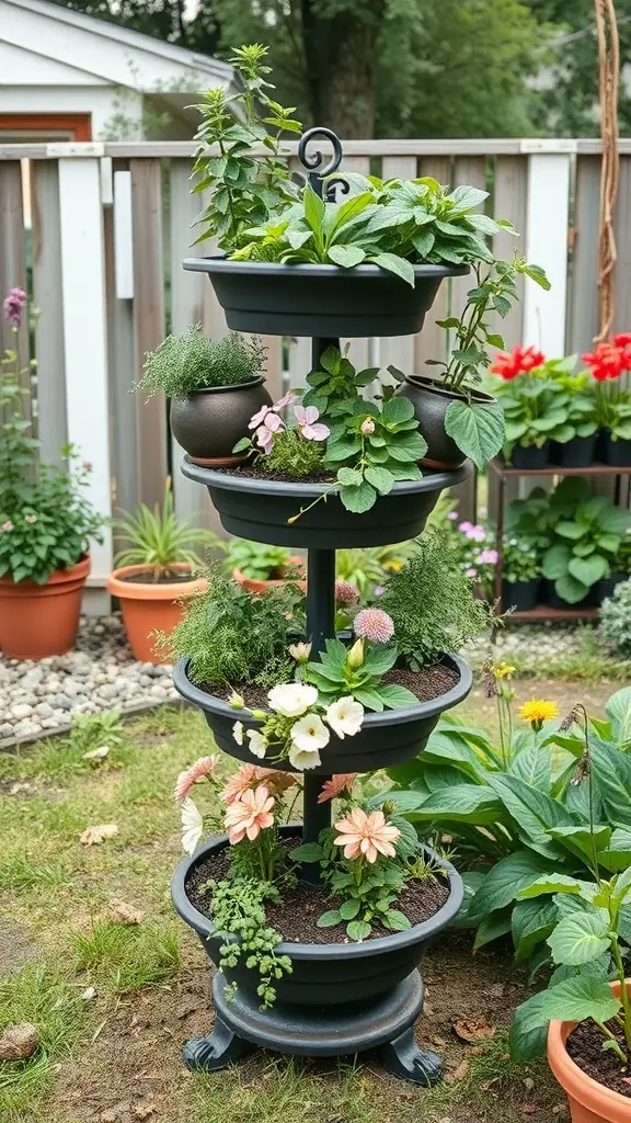 A tiered garden plant stand with various plants and flowers arranged in circular pots.