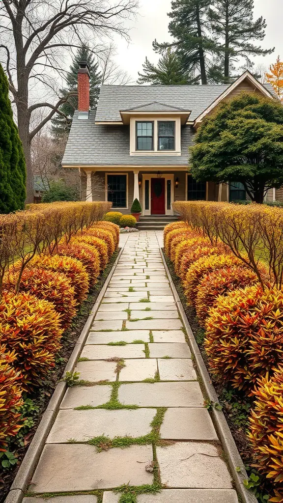 A stone pathway lined with colorful bushes leading to a house