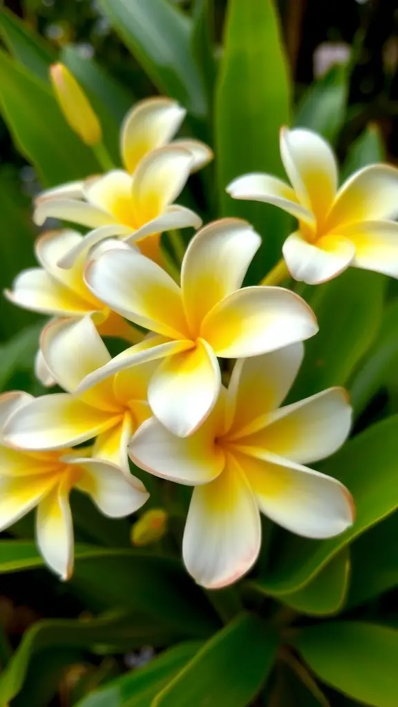 Close-up of yellow and white frangipani flowers with green leaves.