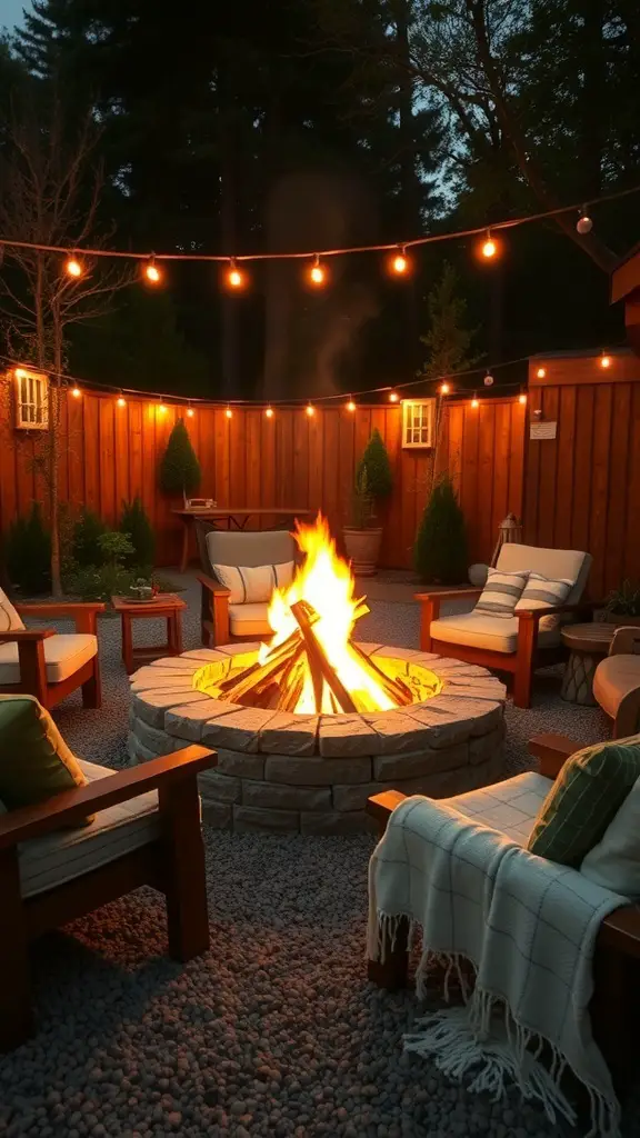 Cozy fire pit seating area with wooden chairs, stone fire pit, and string lights.