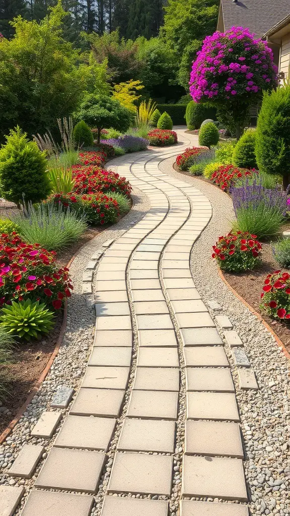 A winding pathway made of pavers and gravel, surrounded by colorful flowers and greenery.