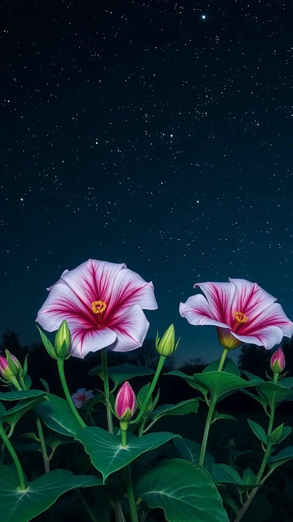 Datura flowers blooming at night with a starry background.