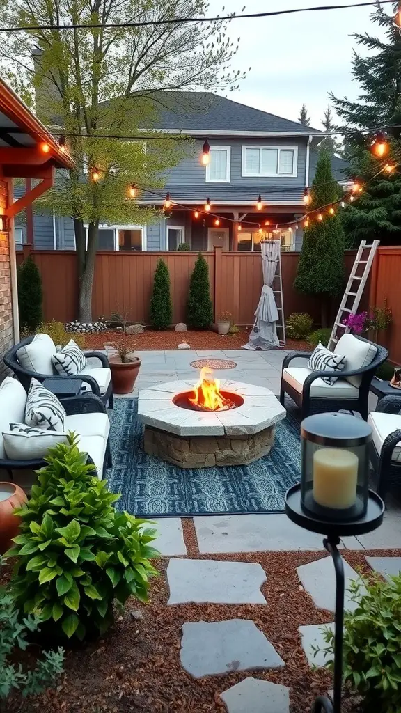 Cozy backyard with seating around a fire pit, string lights, and greenery.