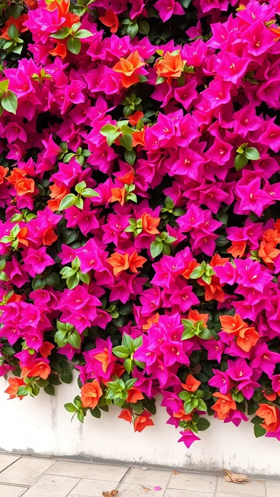 A vibrant display of pink and orange Bougainvillea flowers cascading over a wall.