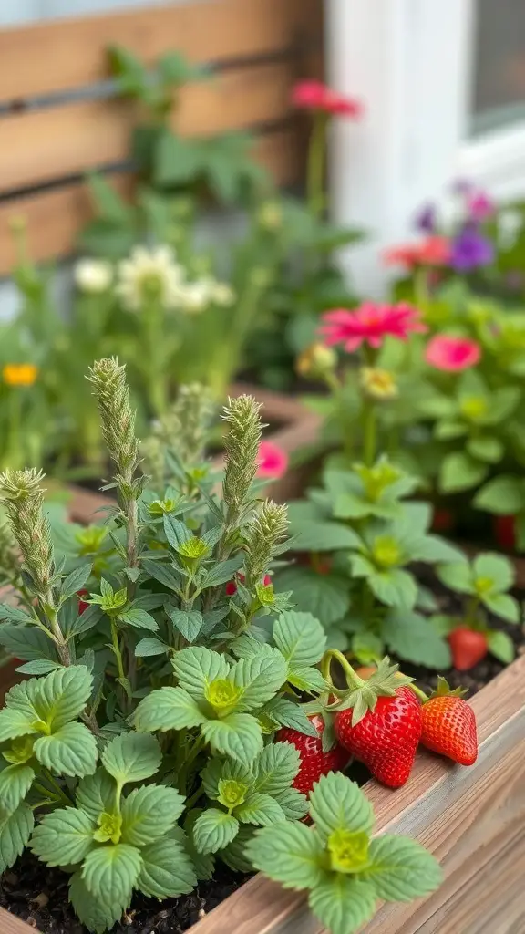 A flower box filled with vibrant plants, including ripe strawberries and colorful flowers.