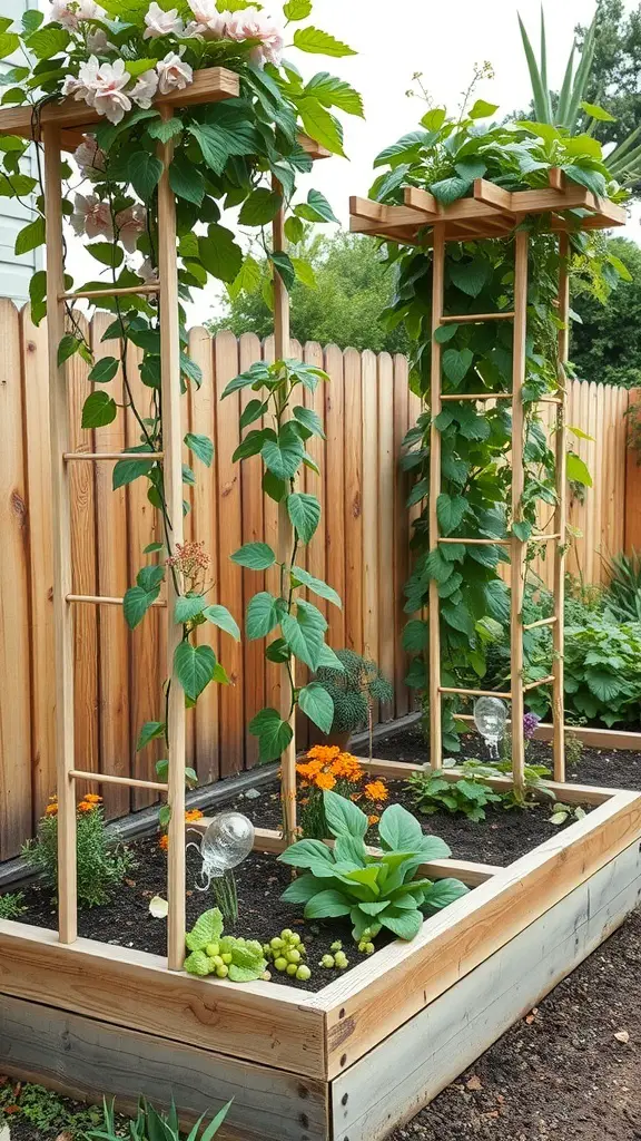 Two wooden trellises supporting climbing plants in a raised garden bed