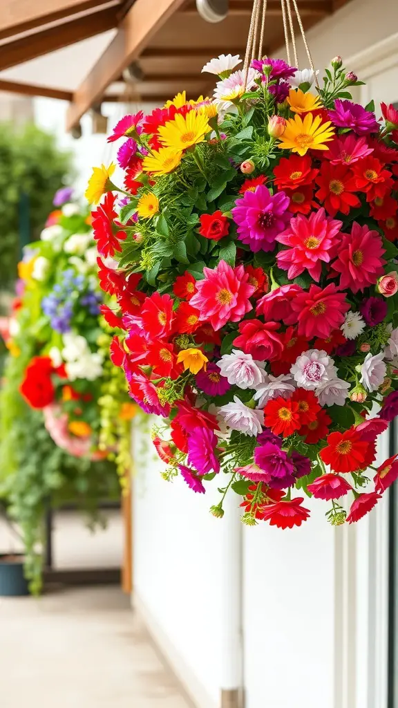 A vibrant hanging basket filled with colorful flowers including red, yellow, and pink blooms.