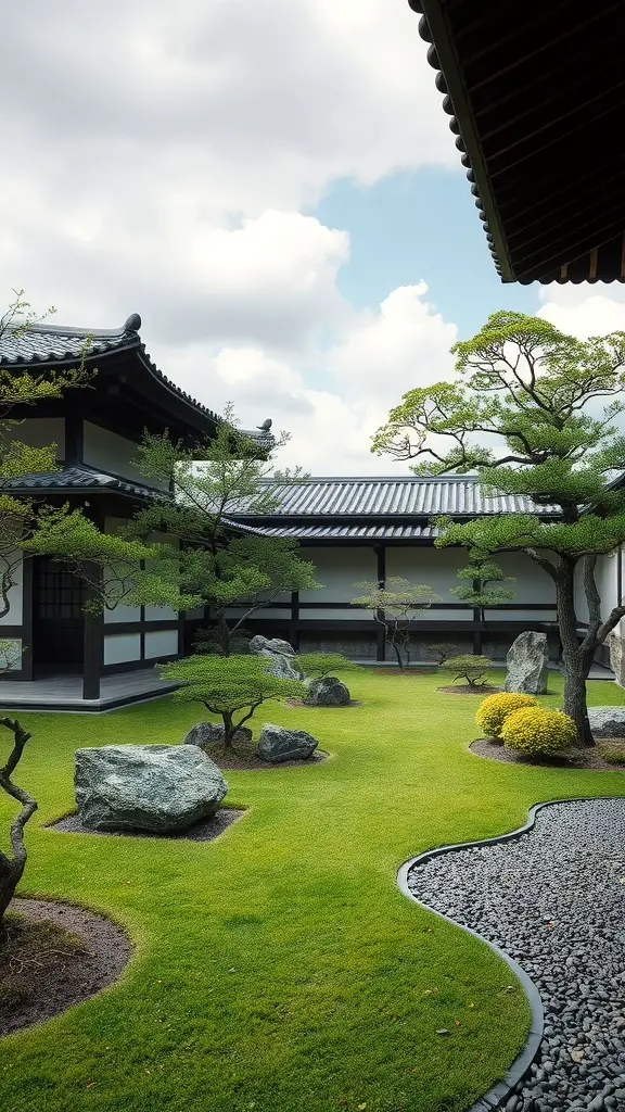 A serene Zen garden showcasing traditional elements like raked gravel and modern features with lush greenery.