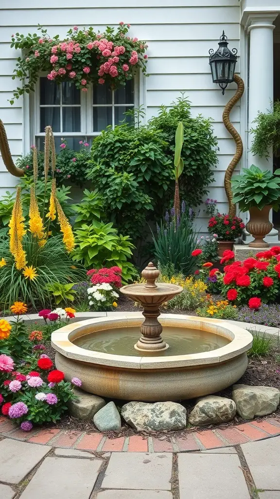 A beautiful front garden featuring a fountain surrounded by colorful flowers.