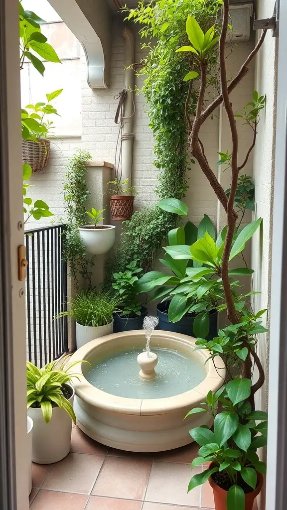 A small balcony garden featuring a fountain surrounded by various plants.