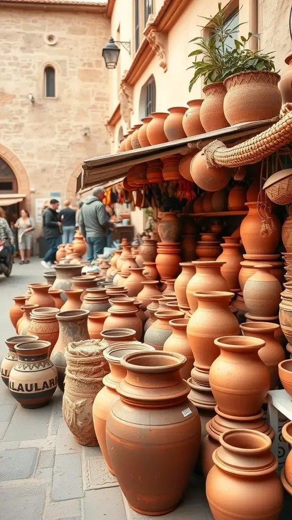 A variety of terracotta pots displayed in a shop, with a person examining them.
